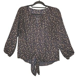 West Kei Sheer Tie Front Blouse Womens Small Navy Leopard Print Top Pleated Neck